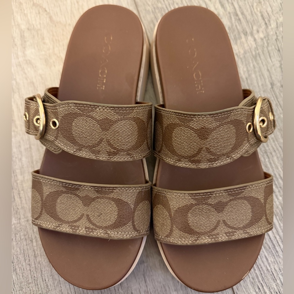 Coach Tan/Brown Signature Jacquard Double Strap Slide Sandals
